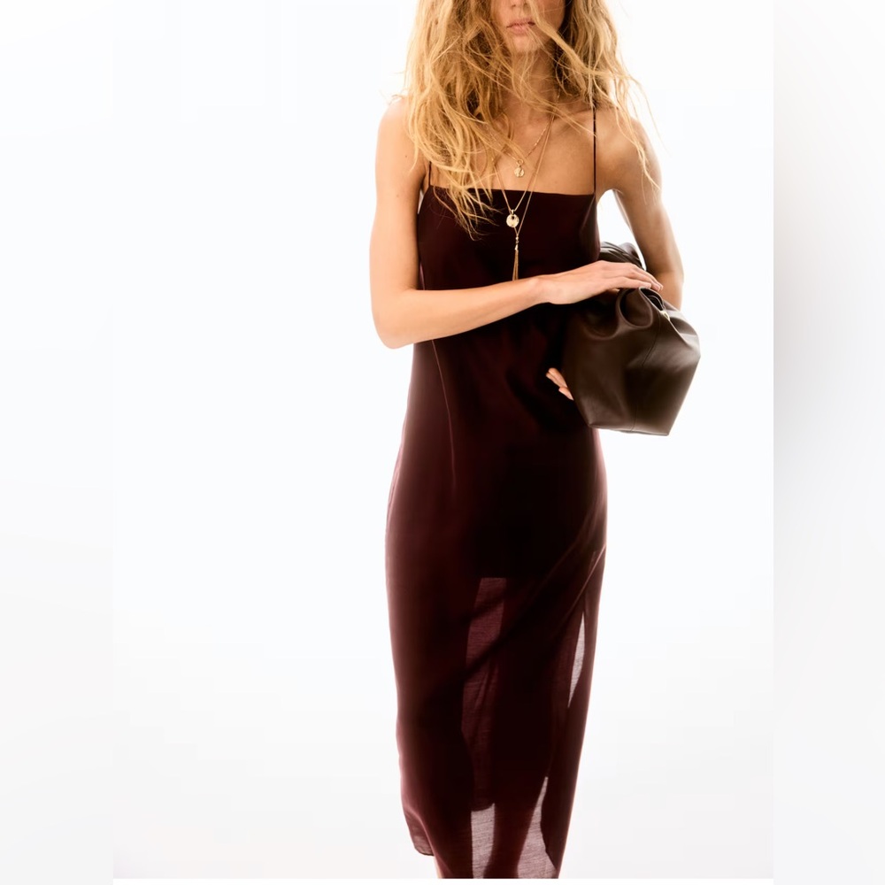 Sold out H&M slip dress with sheer bottom & side slit Burgundy red size small - Picture 2 of 6